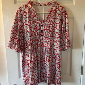 Women's Floral Print Short Ruffle Sleeve Pleated Front V Neck Tunic Top, XL